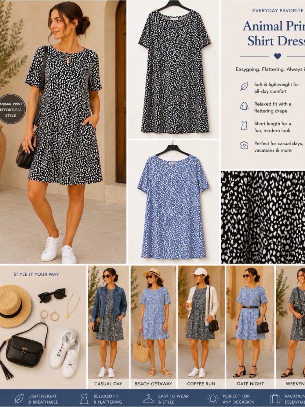 Love Riche Animal Print Swing Shirt Dress Black White Boat Neck Large